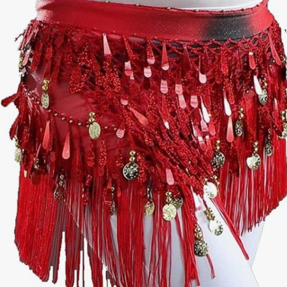 🆕️ Hip Scarf with Tassels Sequins, Triangle Coins Wrap Skirt NWOT - Picture 4 of 5
